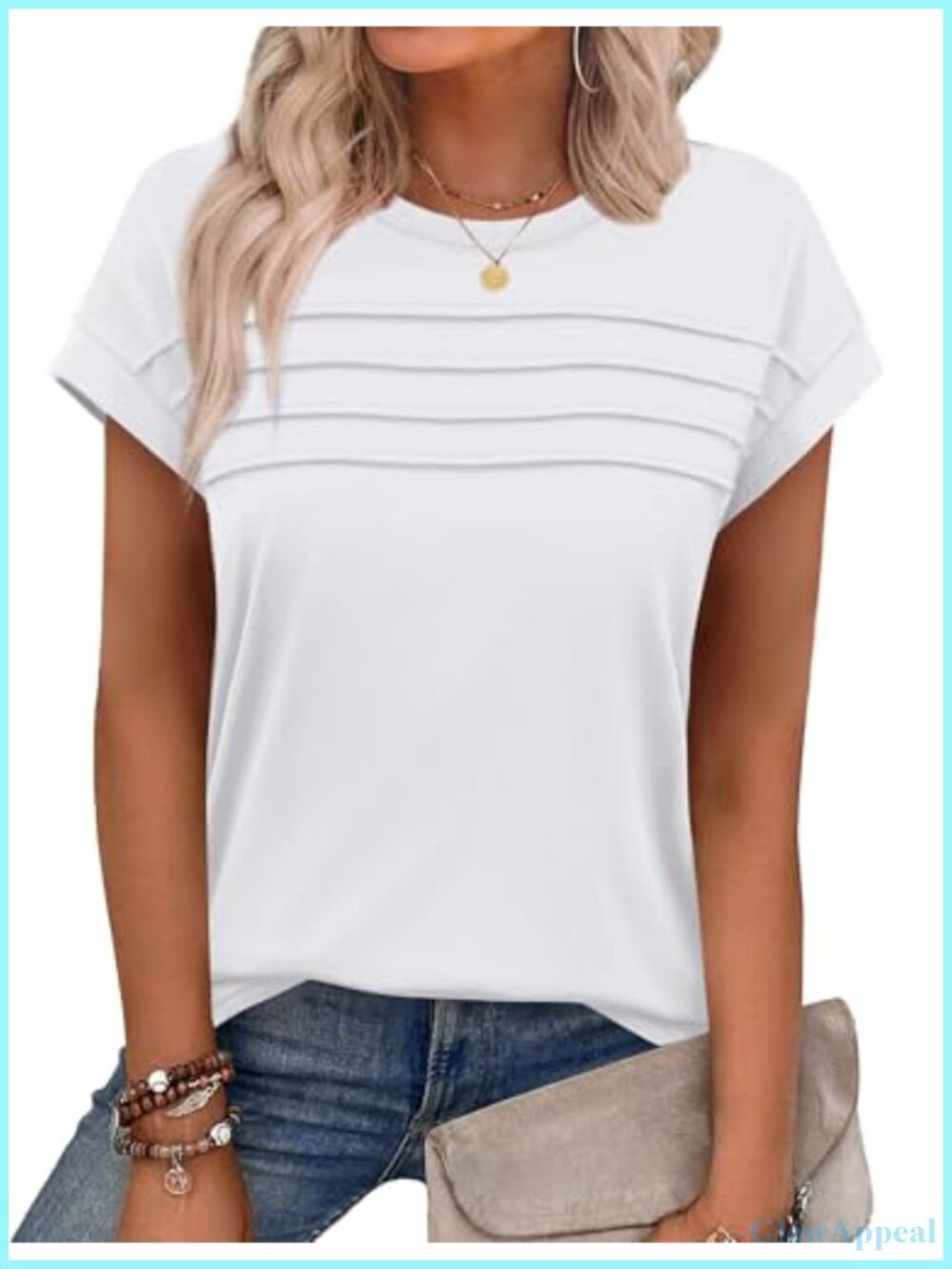 Womens Pleated Front Cap Sleeve T-Shirt Loose Fit Summer Vacation Top